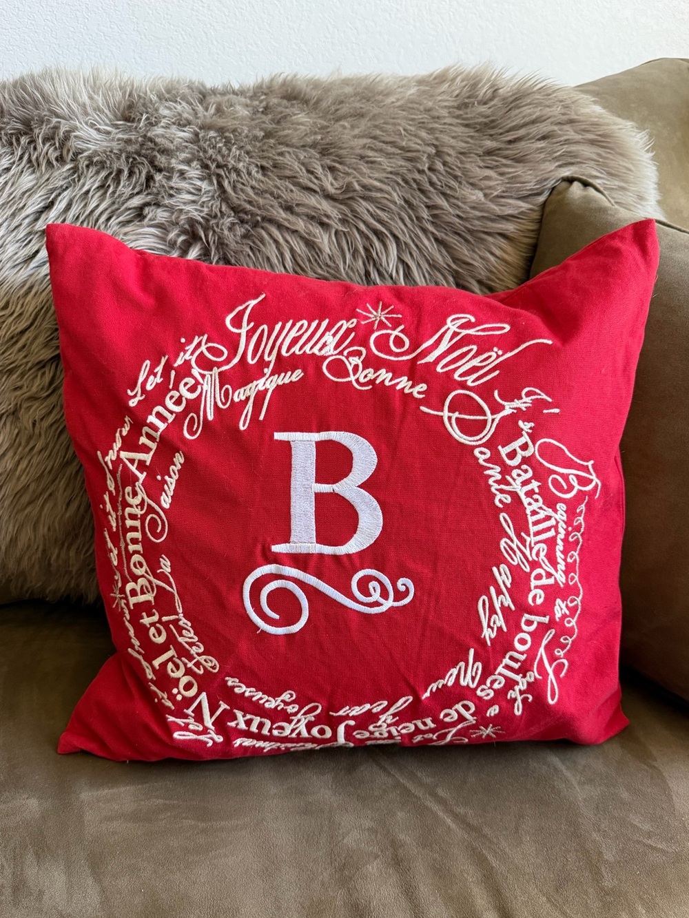Pottery Barn Red White B Monogram Multi Language Merry Christmas Pillow Cover
